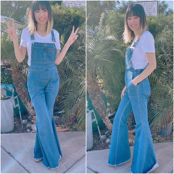 010 Boho Denim Vintage Style Flared Bell Bottom Wide Leg Overalls - Picture 1 of 6